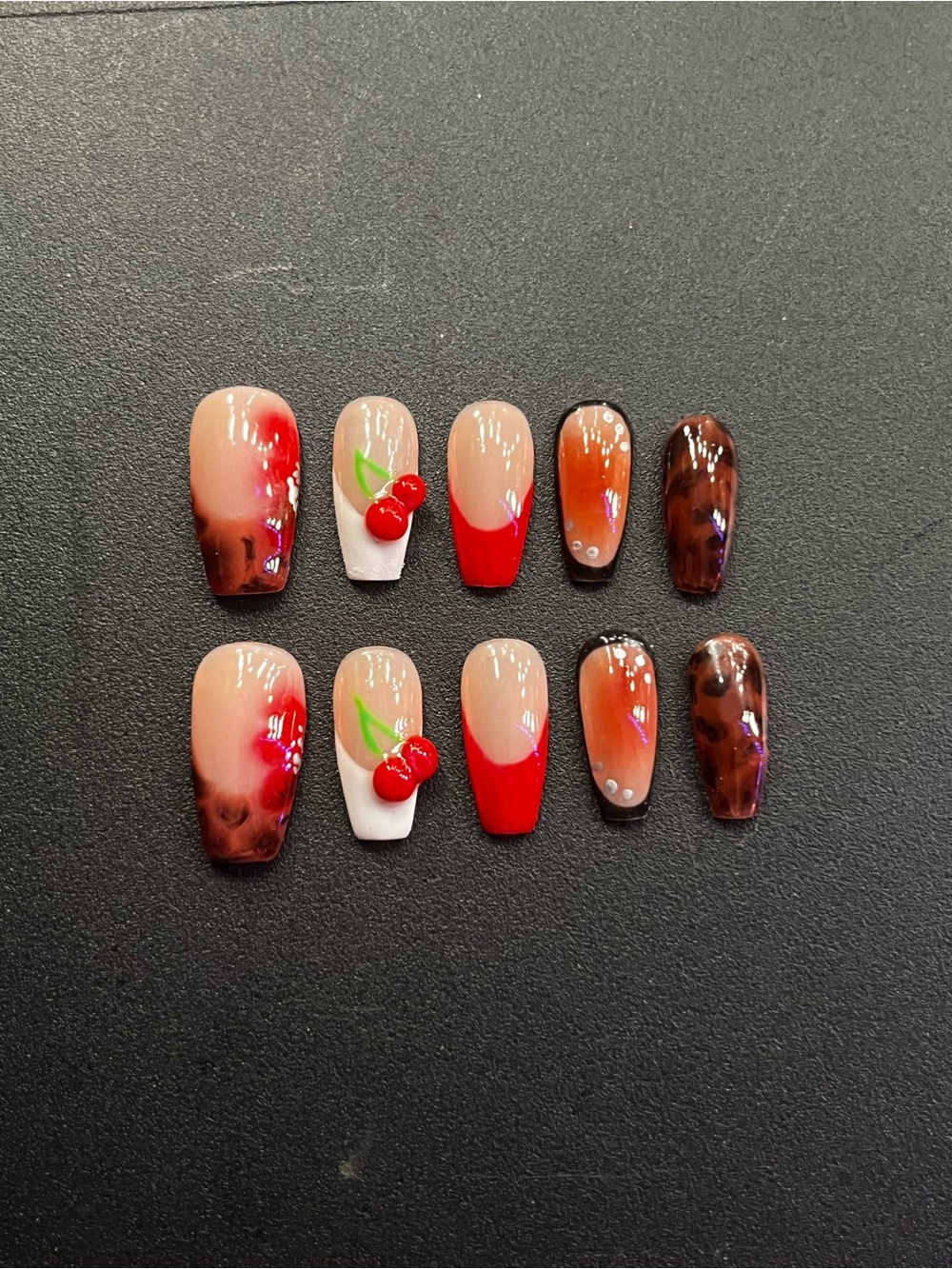 Press-On Nail Set with Red Cherry Accents